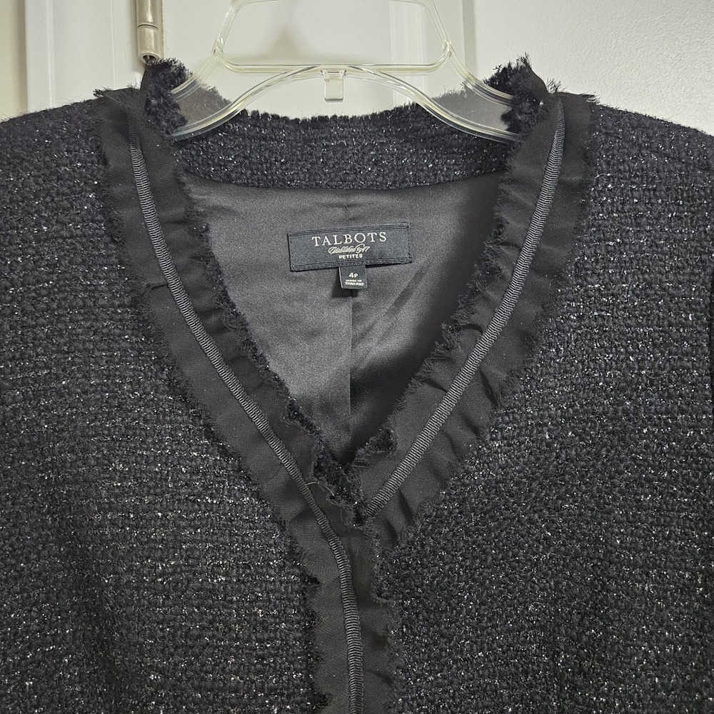 Talbots Jacket Women 4P Black Wool Blend Shimmer Tweed Ruffle Trim Blazer Petite